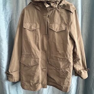 London Fog Woman’s  Beige Military Jacket style - size large- hood, pockets-